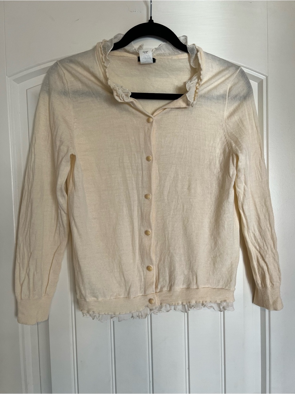 J.Crew Cream Ruffle-Trim 100% Merino Wool Cardigan